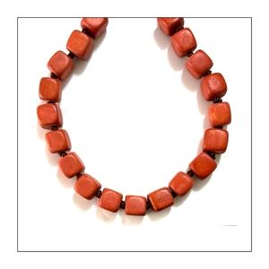 NWOT Boho Chunky Square Wooden Bead Necklace with Adjustable Ribbon Tie